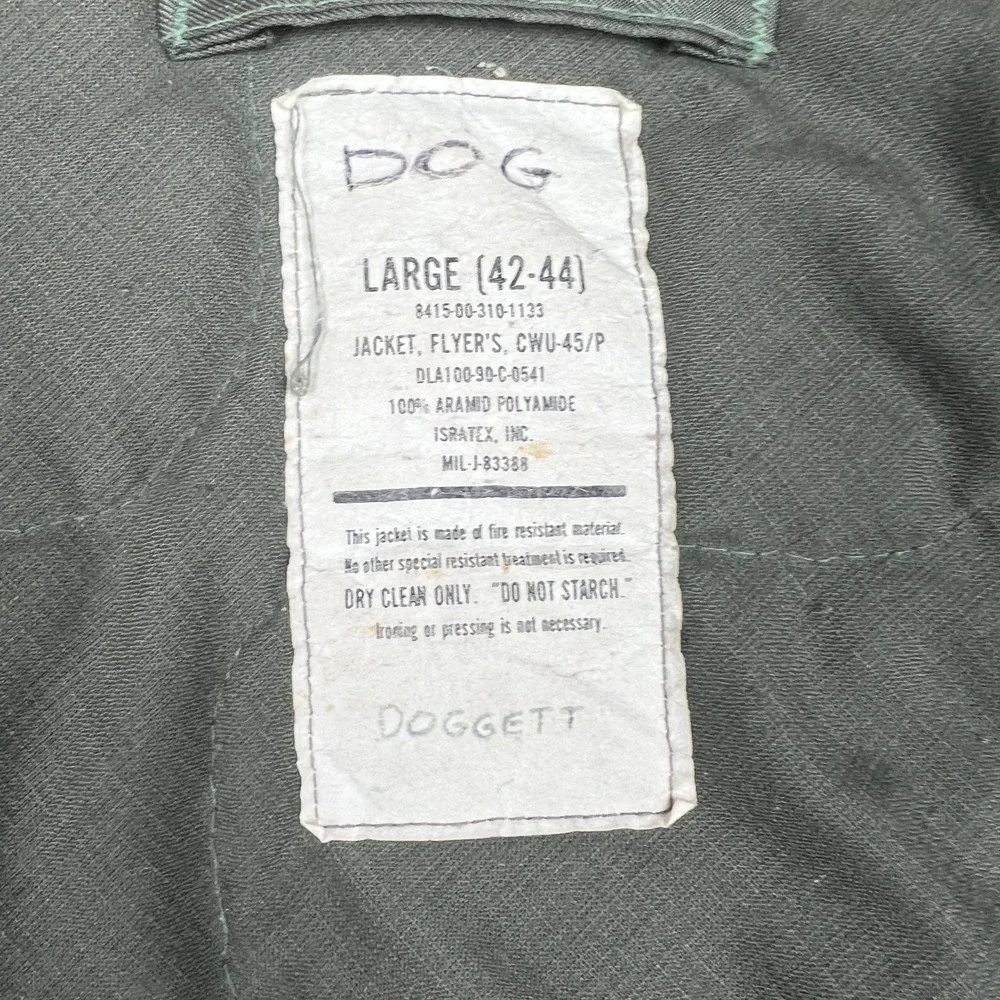 VTG‎ ISRATEX CWU-45/P Flight Jacket Men's Large Olive Green Aramid Patches 90s
